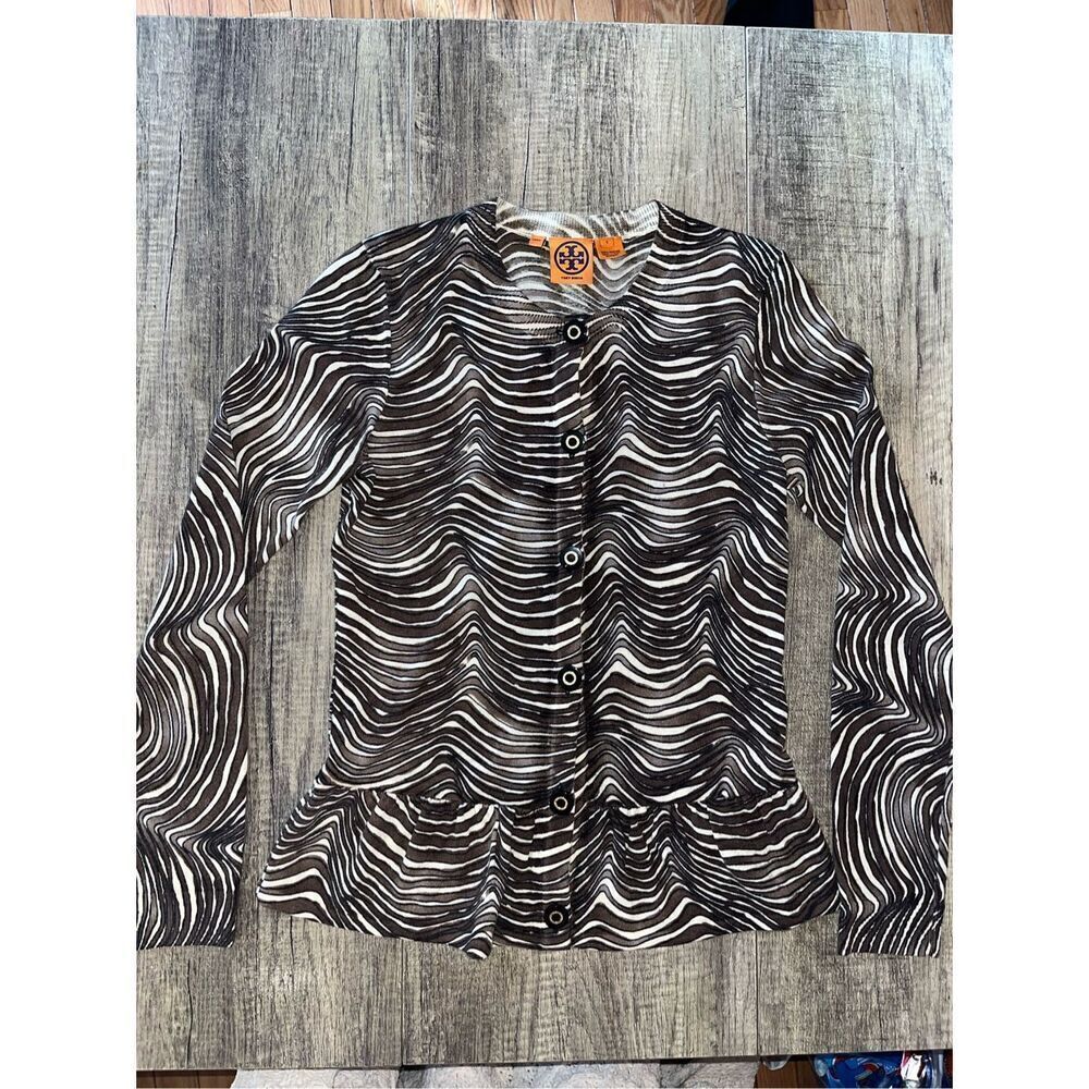 Tory Burch Women's Small Sweater Zebra Print Merino Wool Peplum Cardigan